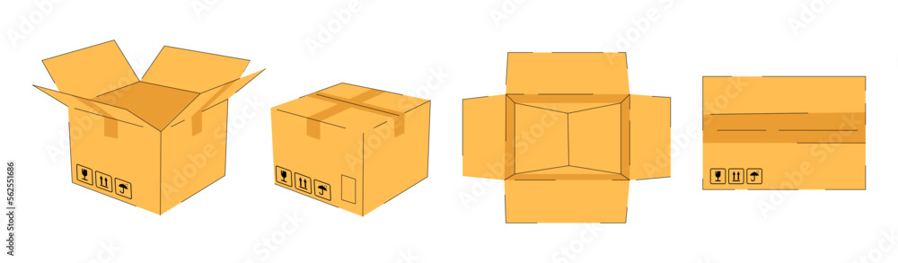 Cardboard box icon set with symbols isolated white background. Render delivery cargo box with fragile care sign symbol
