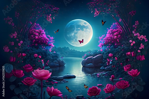 Fantasy magical enchanted fabulous fairy tale landscape with forest lake blooming pink rose flower garden, two butterflies on a mysterious blue background, and glowing moon rays in the night