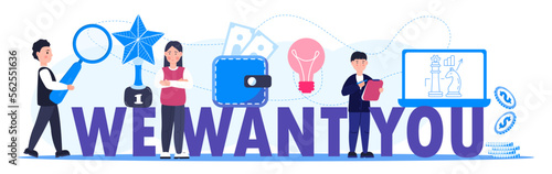 Welcome concept flat vector foe website. Happy tiny people are near huge text. Cartoon office teamwork and are greeting clients in online office