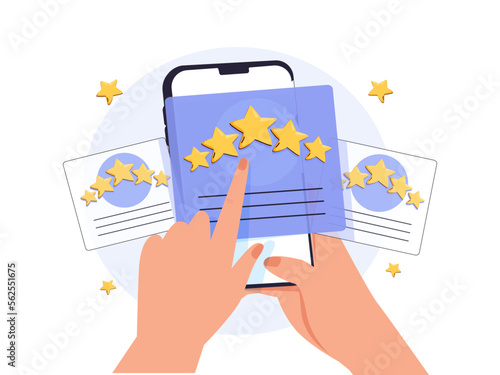 People Characters Giving Five Star Feedback. Vector customer review concepts. Reviews stars with good and bad rate