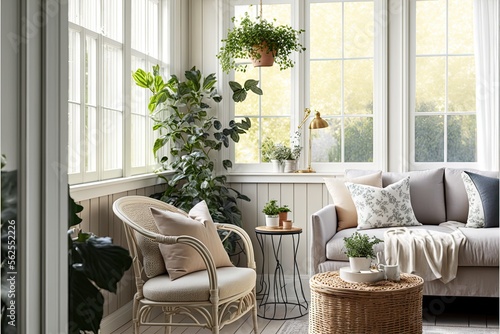 Bright and airy sunroom with wicker furniture and indoor plants generative ai