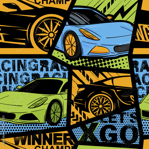 Abstract seamless grunge pattern for boy. Urban style modern background with sport car. Drive and speed modern creative wallpaper for guys. Extreme style