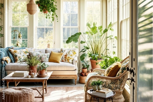 Bright and airy sunroom with wicker furniture and indoor plants generative ai © 3D Station