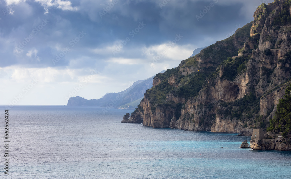 Rocky Cliffs and Mountain Landscape by the Tyrrhenian Sea. Amalfi Coast, Italy. Nature Background. Rocky Cliffs and Mountain Landscape by the Tyrrhenian Sea. Amalfi Coast, Italy. Nature Background.