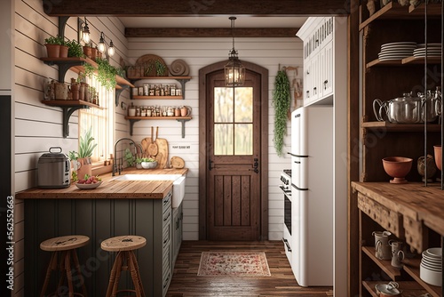 Cozy farmhouse kitchen with rustic wood accents and open shelving generative ai