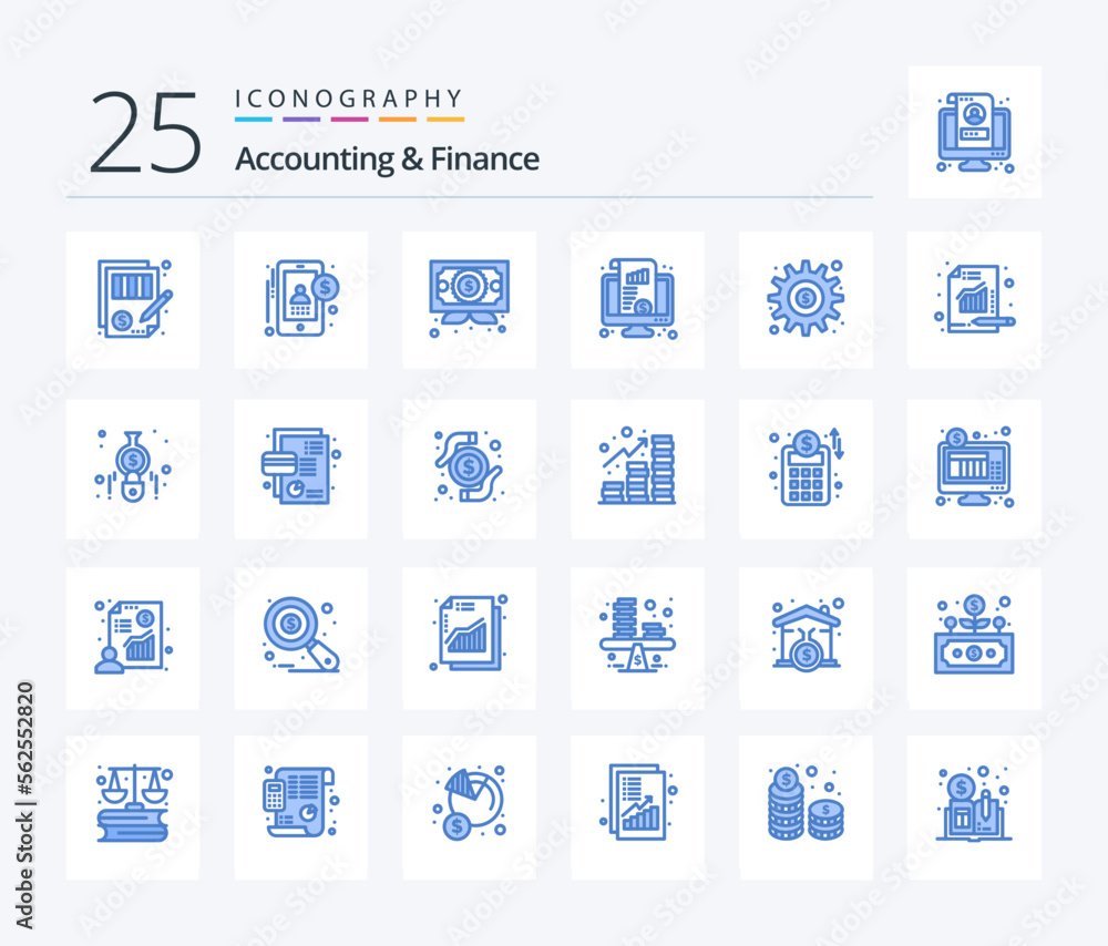 Accounting And Finance 25 Blue Color icon pack including money. monitor. user. kpi. award