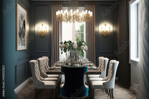 Elegant formal dining room with a chandelier and upholstered chairs generative ai