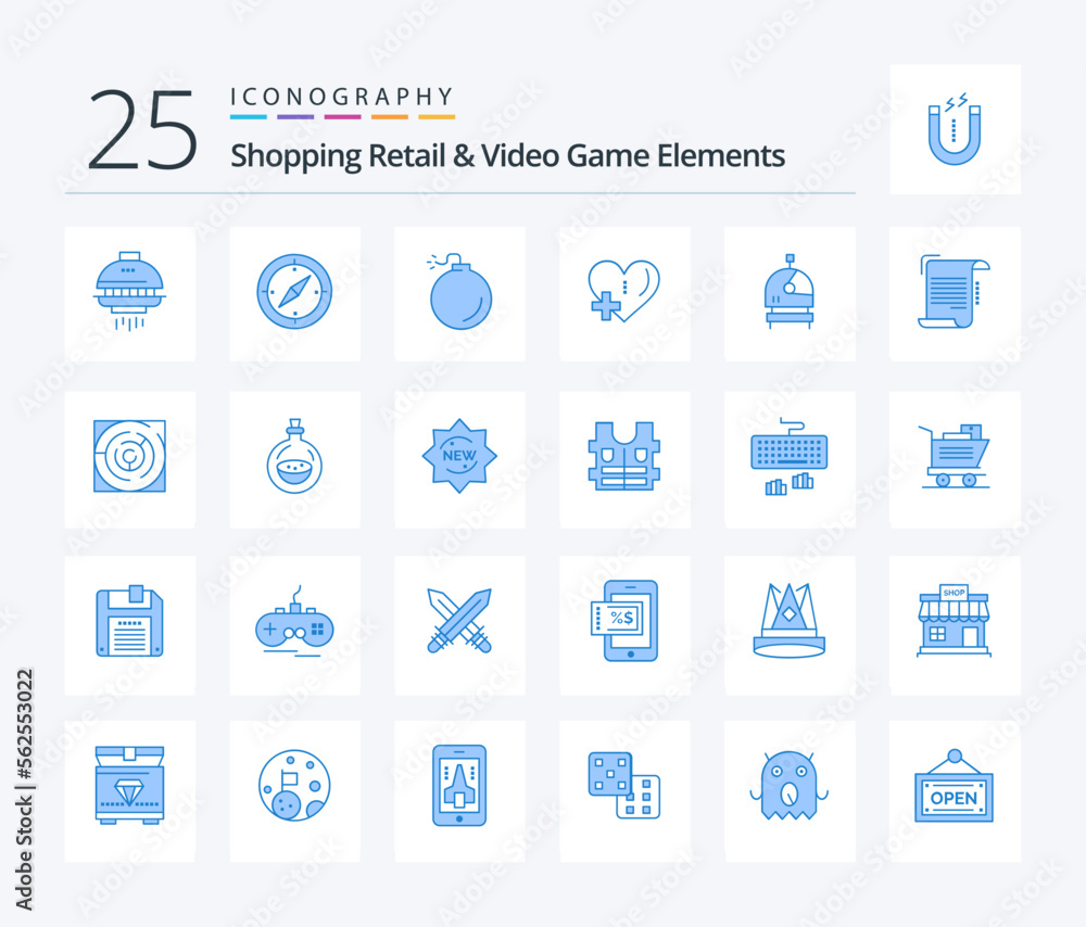Shoping Retail And Video Game Elements 25 Blue Color icon pack including space. astronaut. bomb. plus. love