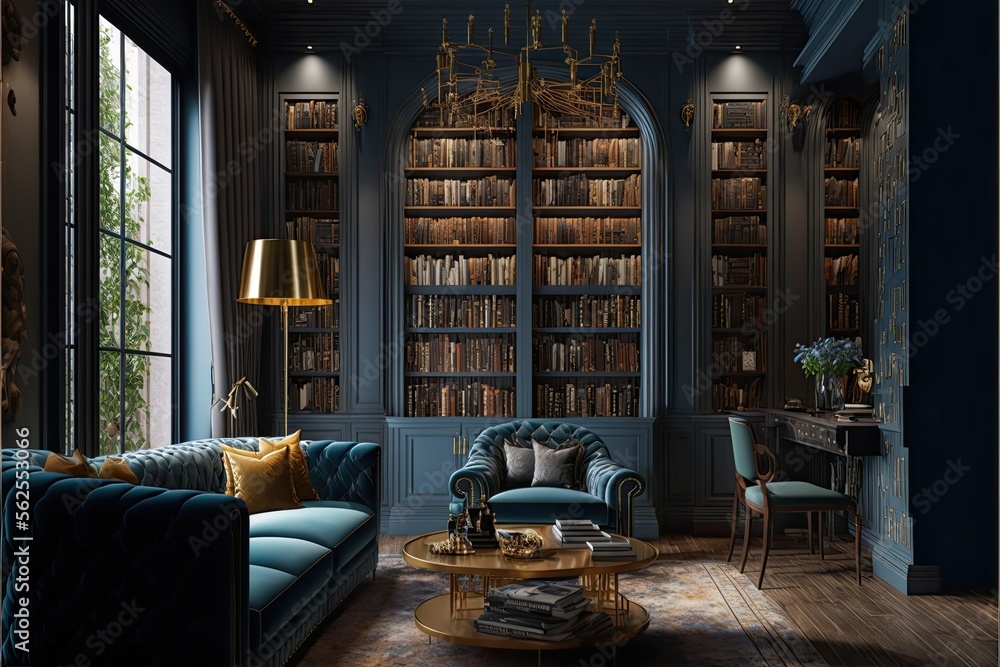 Glamorous and sophisticated home library with floor-to-ceiling bookshelves generative ai
