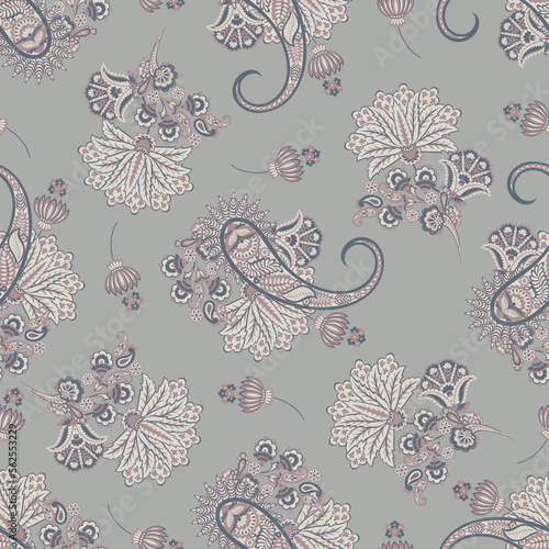 Seamless pattern with paisley ornament. Ornate floral decor for fabric. Vector illustration