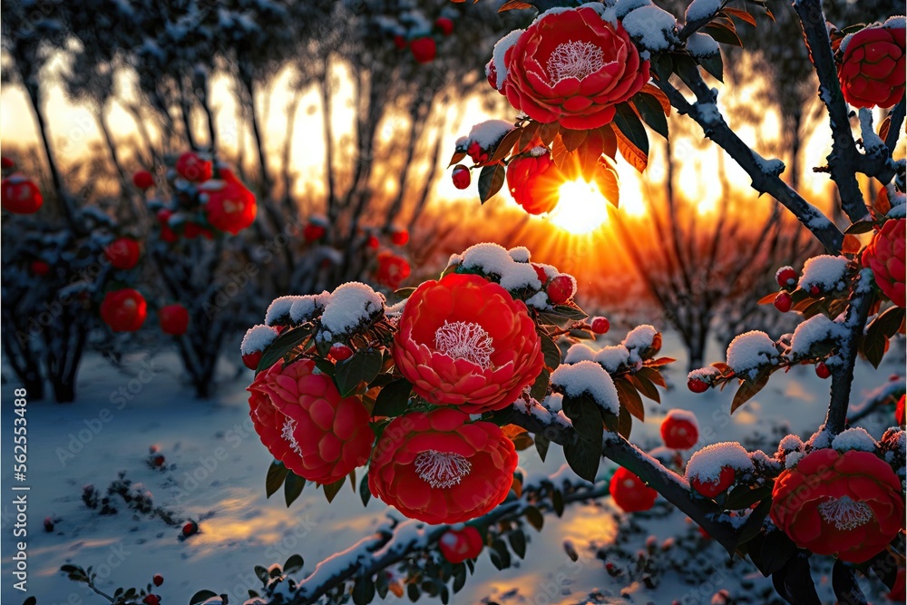 Naklejka premium Many tall red camellias covered with transparent snow, snow in chinese fairy tales, camellias outdoor romantic generative ai