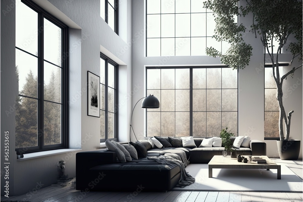 Obraz premium Modern minimalist living room with large windows and natural light generative ai