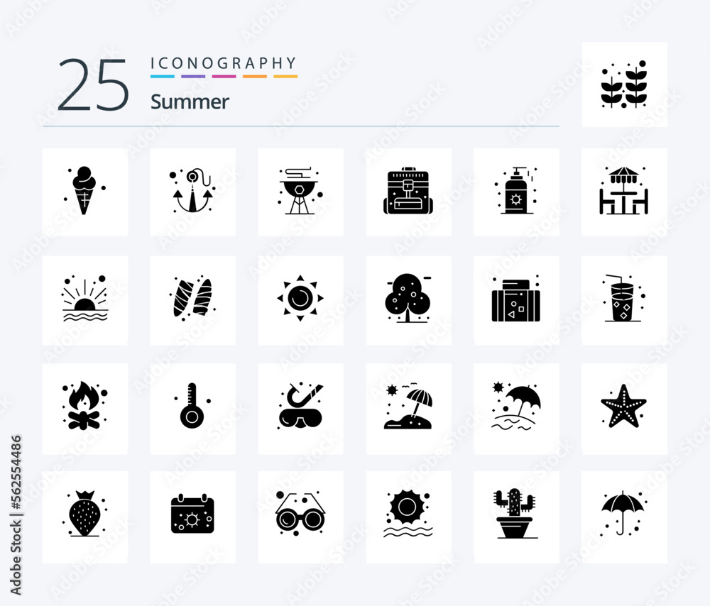 Summer 25 Solid Glyph icon pack including beach. office. beach. business. summer
