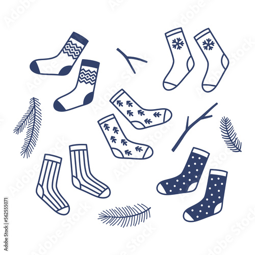 Socks and fir branches. Vector set of hand drawn winter doodle elements. Print isolated on white background