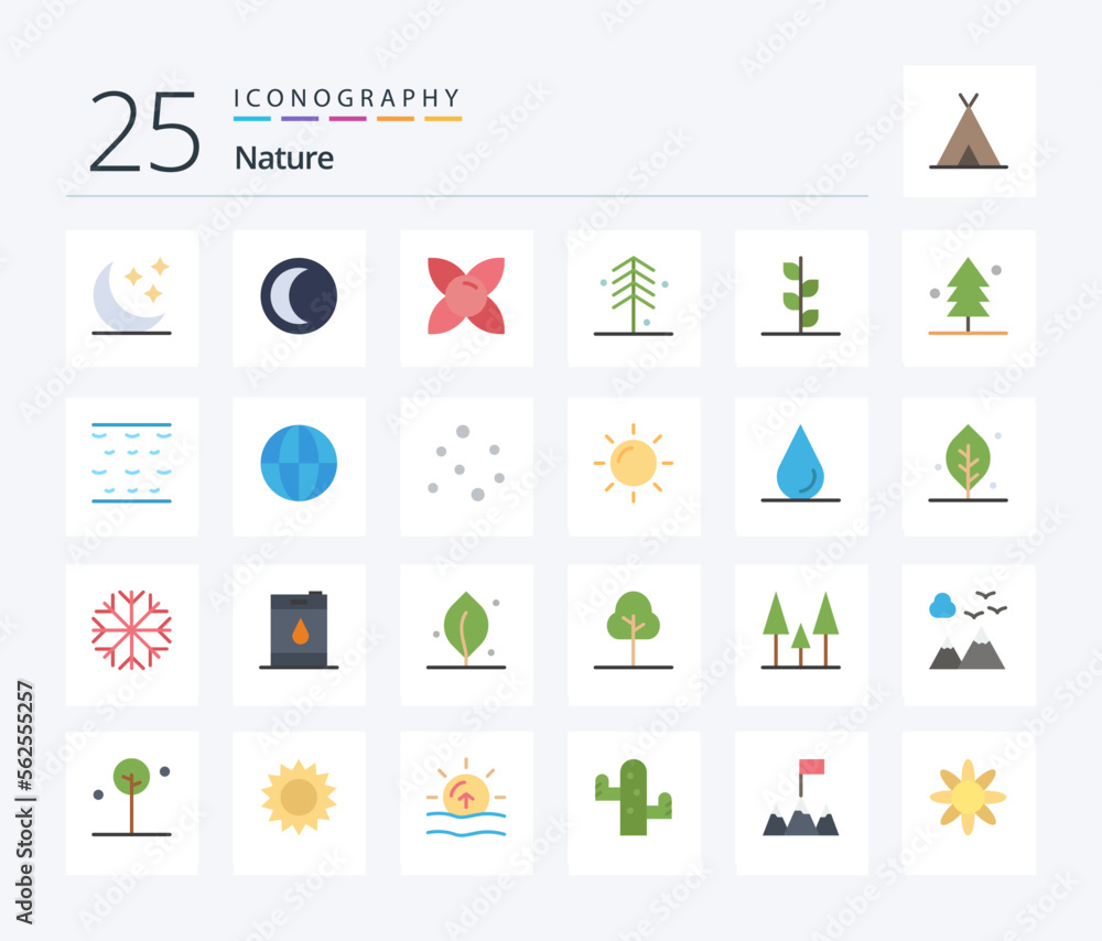 Nature 25 Flat Color icon pack including water. tree. bloom. nature. forest