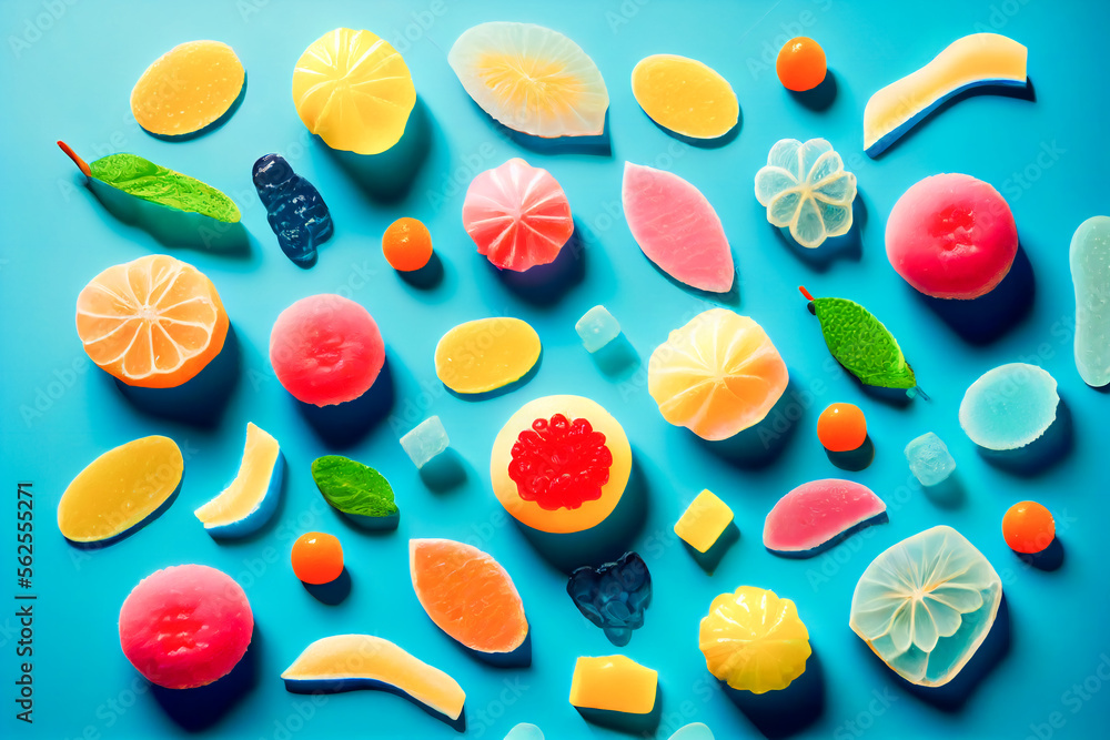 assorted jelly gum fruit candy on blue background top view. Generative AI. assorted jelly gum fruit candy on blue background top view. Generative AI.