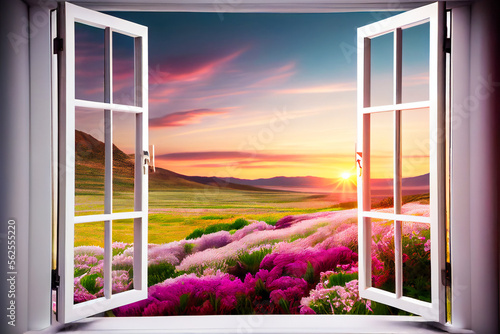  Window with  landscape view.  Open window to the garden. Generative AI.