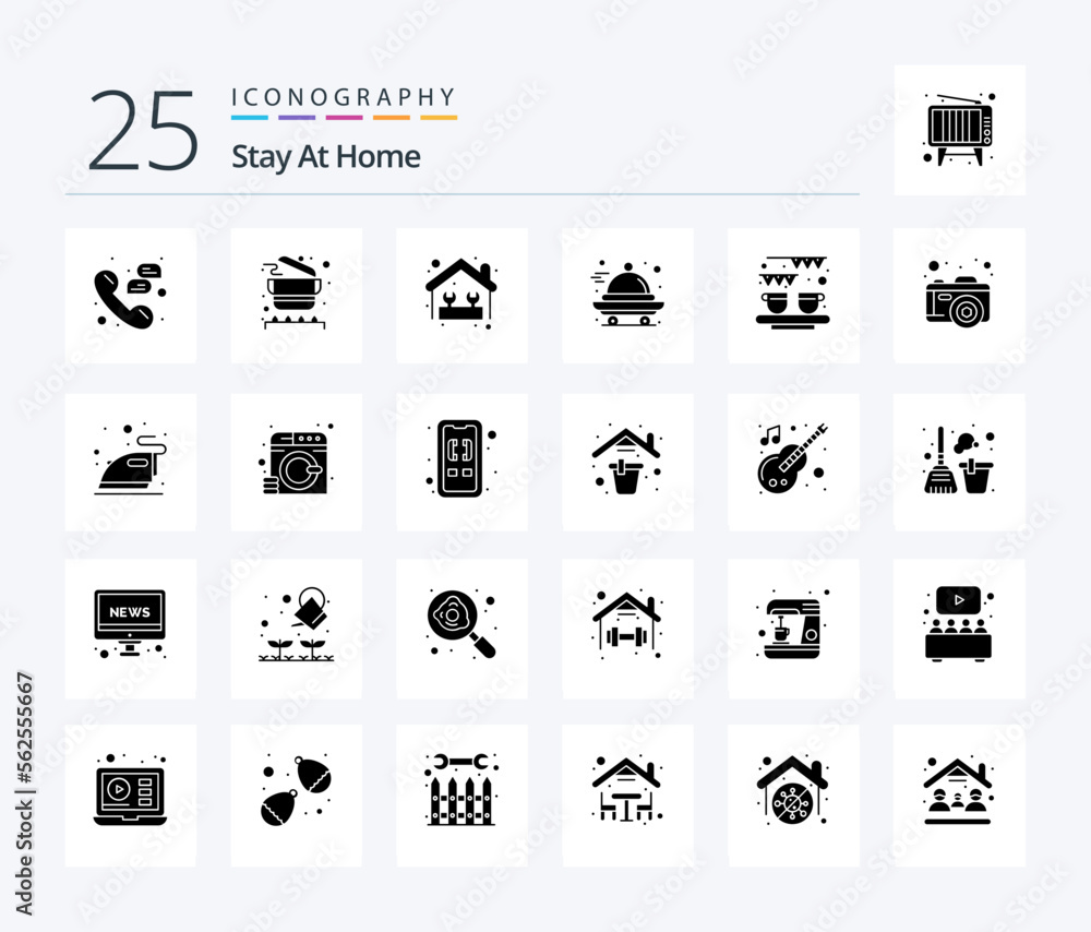 Stay At Home 25 Solid Glyph icon pack including stay. home. equipment. food. work