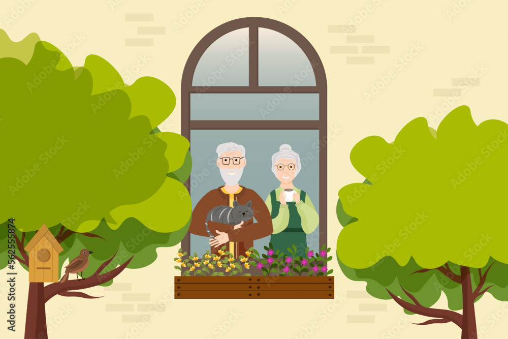 Two old people are standing at the window. Happy couple grandparents look outside. Facade of a house with open windows. Neighborhood concept. Colored vector illustration on a white background.