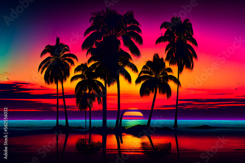 Blue palm trees at sunset.  Generative AI. © EwaStudio