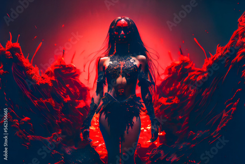 Female demon. Horror bloodthirsty ghost Woman.  Happy halloween day concept.  Generative AI. © EwaStudio