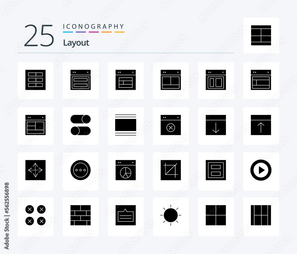 Layout 25 Solid Glyph icon pack including layout. cover. web. settings. loading