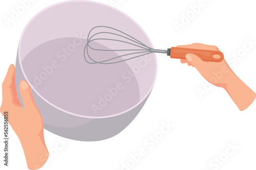 Whipping cartoon icon. Hand hold whisk and bowl