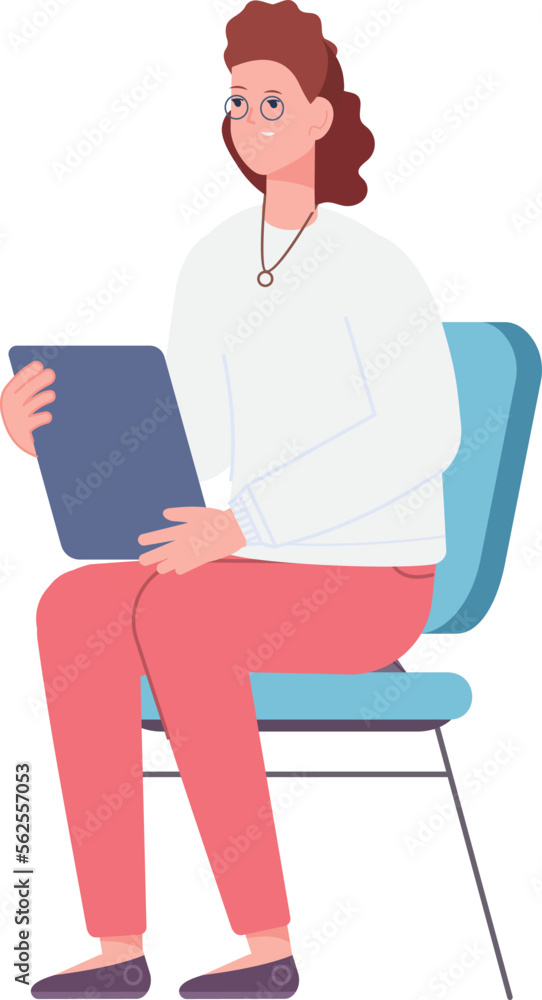 Female student sit on chair with tablet. Young woman character Female student sit on chair with tablet. Young woman character