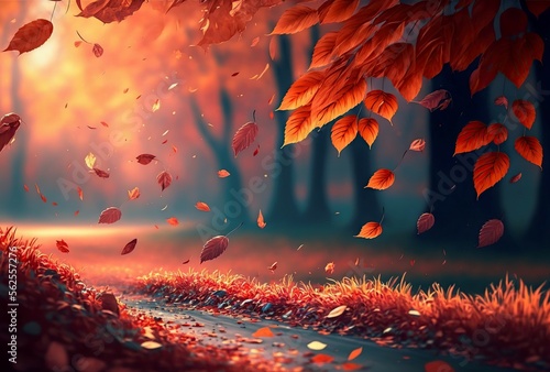 Beautiful autumn landscape with colorful foliage in the park. Natural background of falling leaves, generative AI