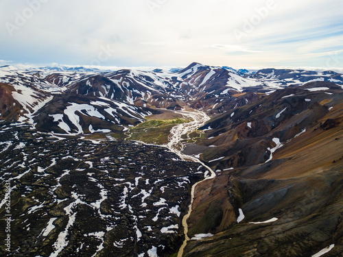 Famous icelandic popular tourist destination and hiking hub in Iceland's highlands Landmannalaugar mountains landscape view, South Iceland