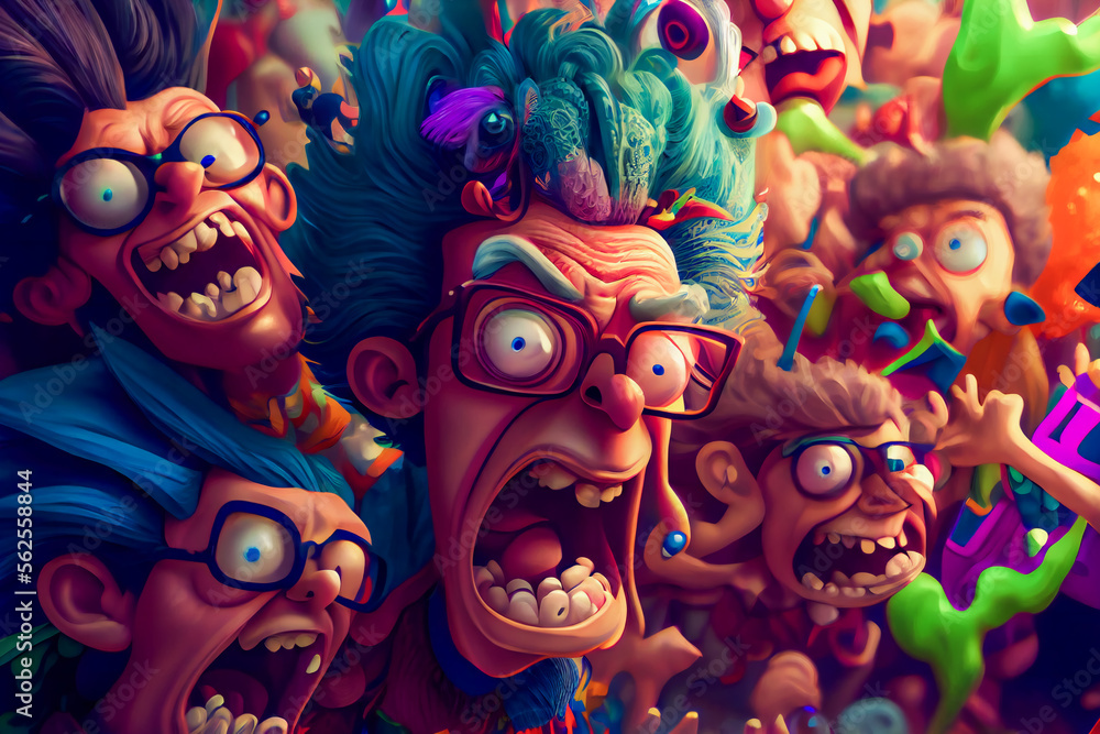 Obraz premium People, screaming and crazy in happiness. Cartoon background. Generative AI.