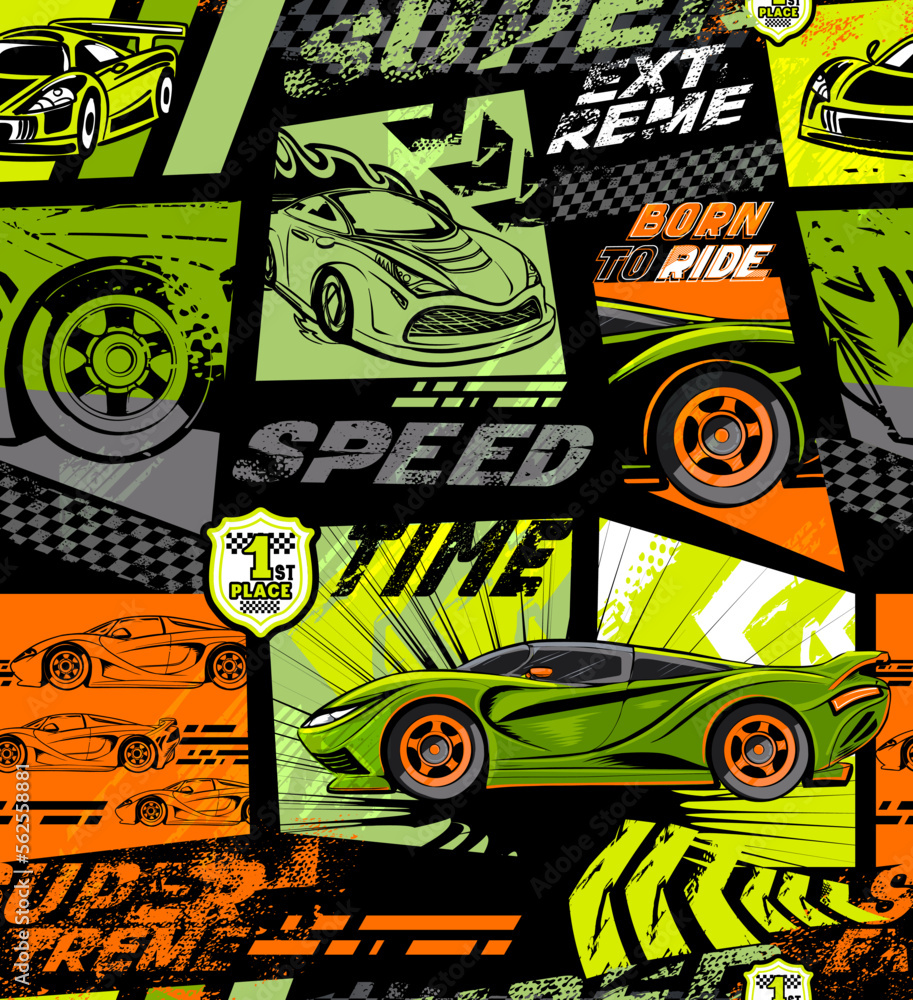 Abstract seamless pattern with sport cars and text Super, extreme, speed. Vector vehicle repeat print. Race auto endless ornament with bite geometric grid