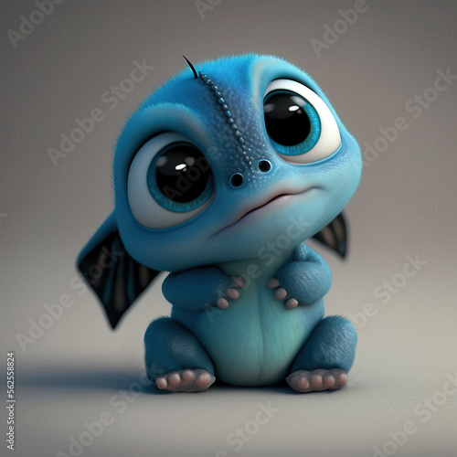 Incredibly cute baby monster with blue skin and long ears, white gray background, generative AI