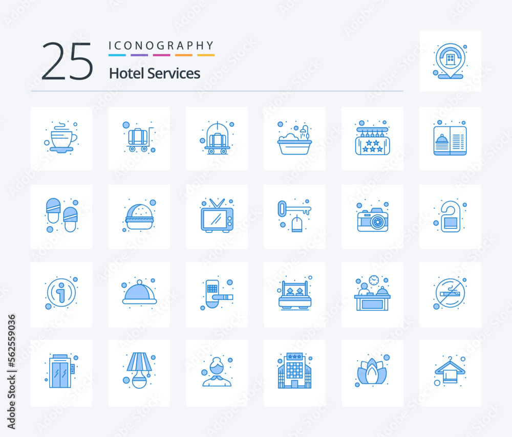 Hotel Services 25 Blue Color icon pack including five. shower. cart. hotel. bath