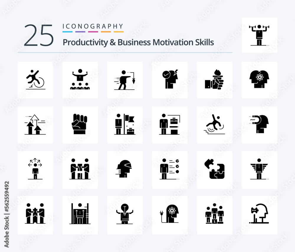 Productivity And Business Motivation Skills 25 Solid Glyph icon pack including power. brain. mentorship. goal. extrinsic