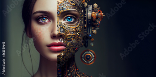Concept of artificial intelligence interaction and relationship with human mind, young woman half robotic portrait, copy space on the right. Generative AI model