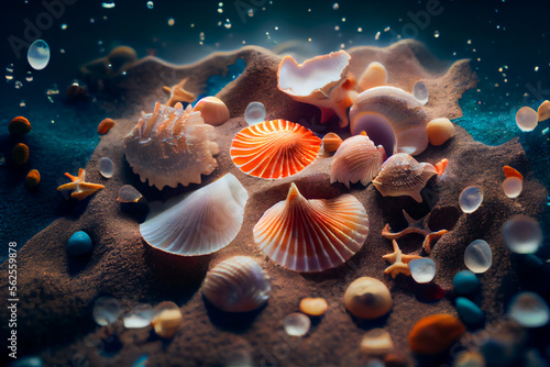 Close-Up Of Seashells Underwater. Generative AI.