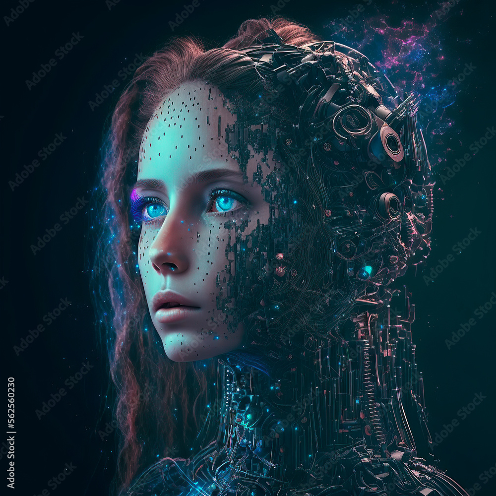 Artificial intelligence, a humanoid cyber girl with a neural network thinks, artificial intelligence with a digital brain is learning to process big data. AI Artificial intelligence, a humanoid cyber girl with a neural network thinks, artificial intelligence with a digital brain is learning to process big data. AI