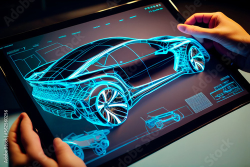 Anonymous man looking car design using holographic app in digital tablet. Develop modern innovative high-tech eco-friendly electric car with sustainable standards. AI generated