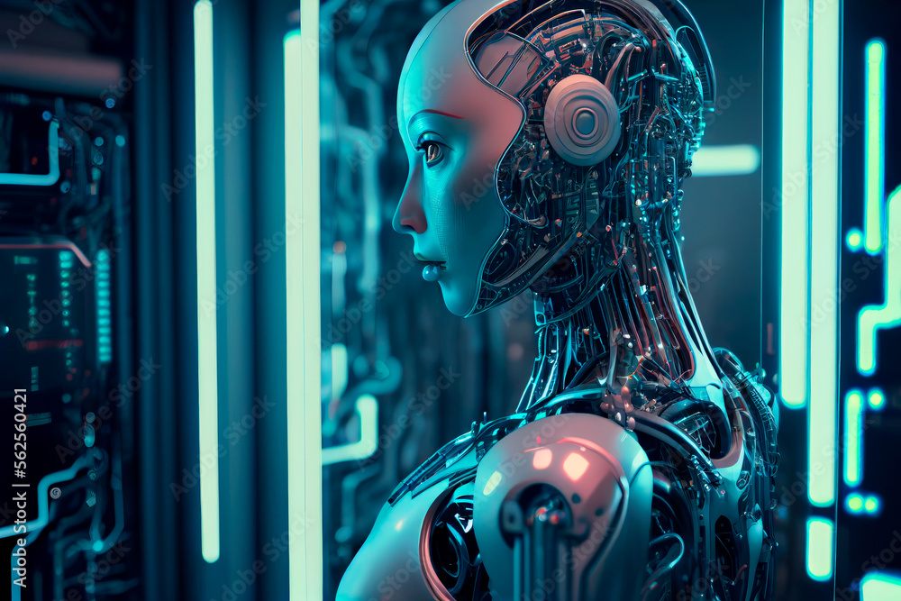 Profile of robot or humanoid cyborg woman with a lot of microchips in his  neck working in futuristic spaceship with blue neons lights. AI generated  Stock Illustration | Adobe Stock