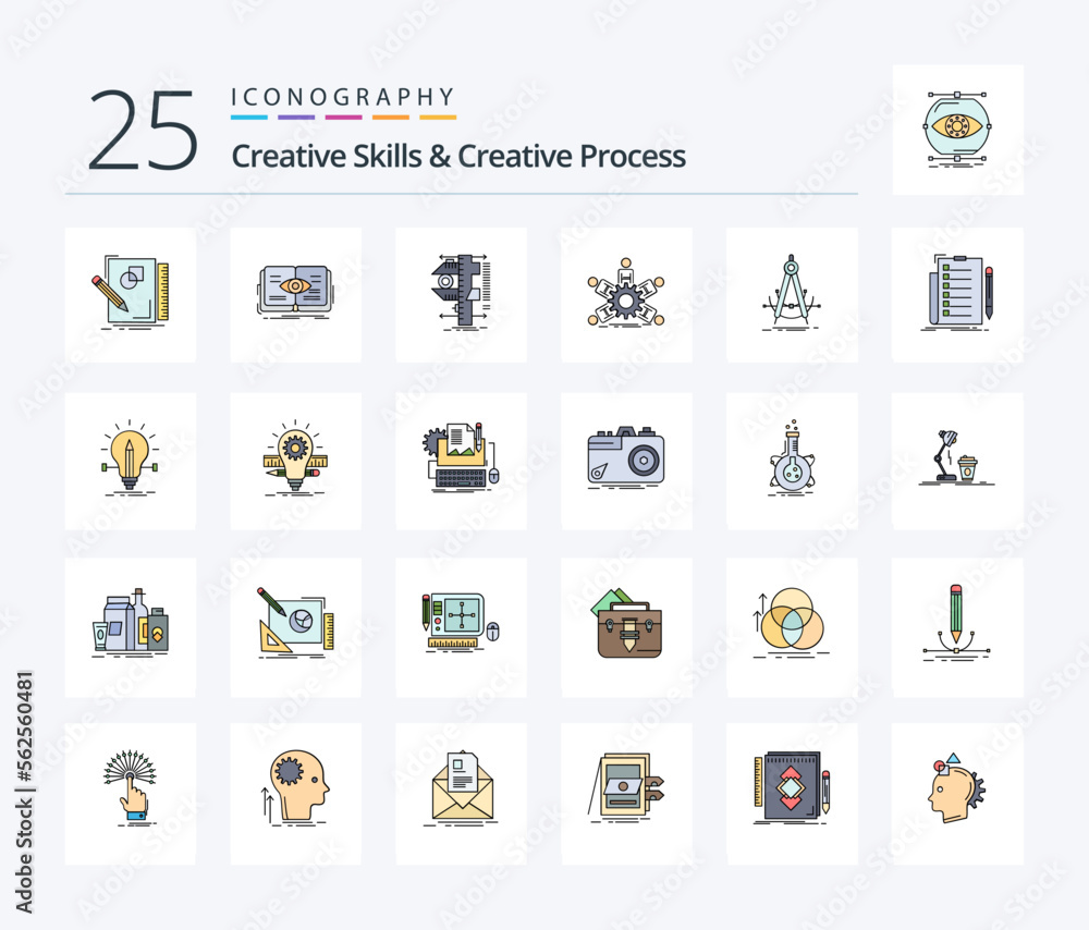 Creative Skills And Creative Process 25 Line Filled icon pack including leadership. team. view. measurement. calipers