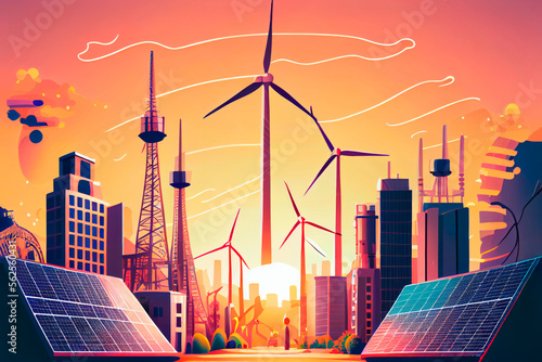 Isolated vector illustration of clean electric energy from renewable sources sun and wind. Power plant station buildings. IA generated
