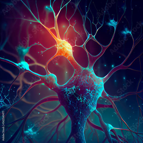 Neuronal network with electrical activity of neuron cells. Neuroscience, neurology, nervous system and impulse, brain activity, microbiology concepts. IA generated