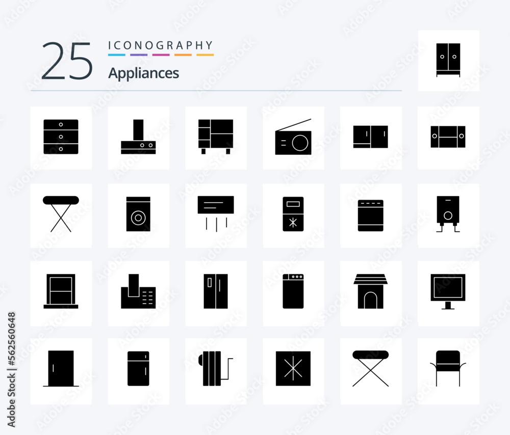 Appliances 25 Solid Glyph icon pack including desk. radio. home. home. appliances