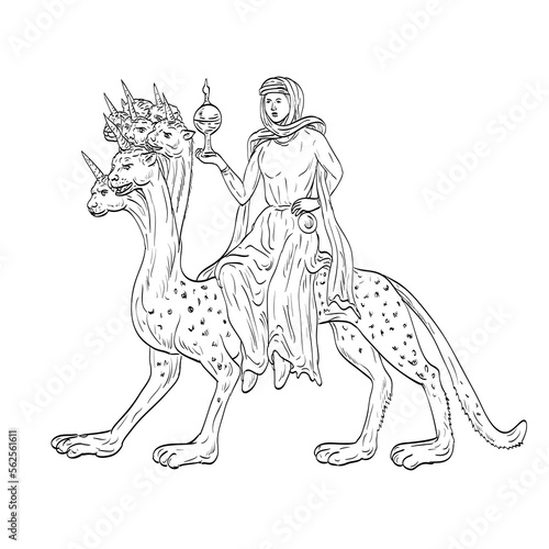 Line art drawing illustration of Babylon the Great, Mother of Harlots Whore of Babylon riding seven headed monster in the Book of Revelation in the Bible done in medieval style on isolated background.
