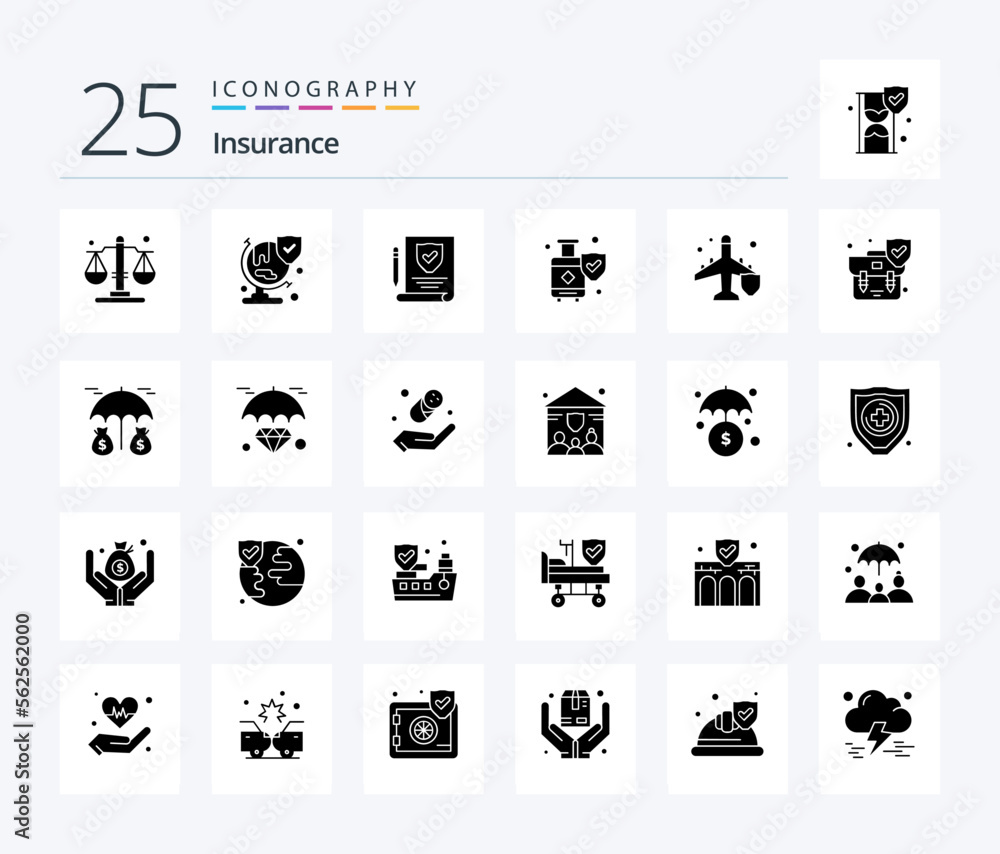 Insurance 25 Solid Glyph icon pack including protection. insurance. paper. fly. shield