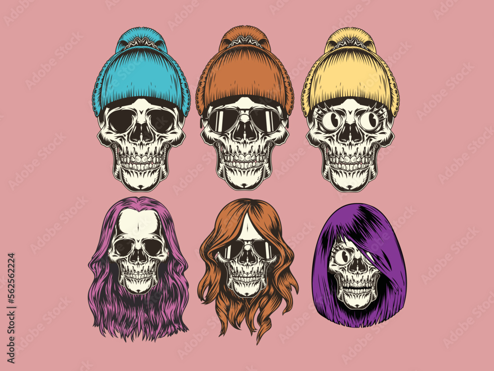 Colored Hair Female Skulls Variety Bundle