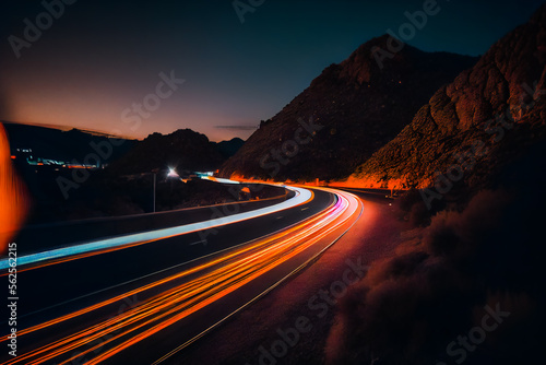 A long exposure photo of a highway at night. Generative AI.