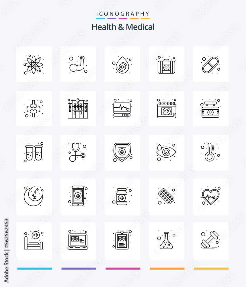 Creative Health And Medical 25 OutLine icon pack  Such As pills. medical. blood. capsule. medical case