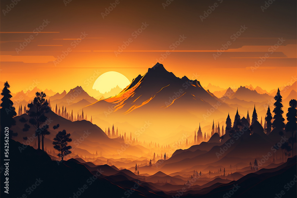 Misty landscape formed by the silhouettes of multiple layers of mountains at sunset created with Generative AI technology.